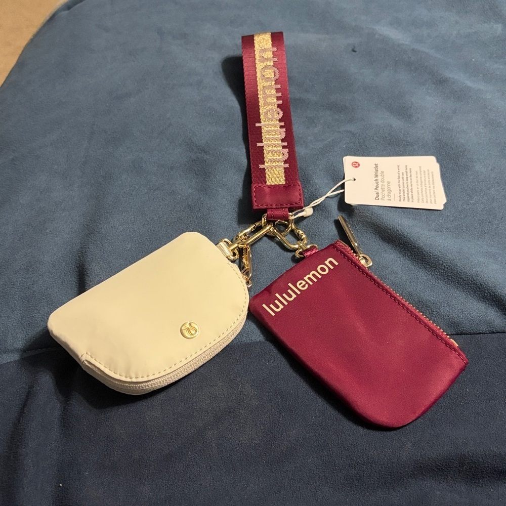 Lululemon NWT Dual Pouch Wristlet Wordmark Deep Luxe Gold Bone